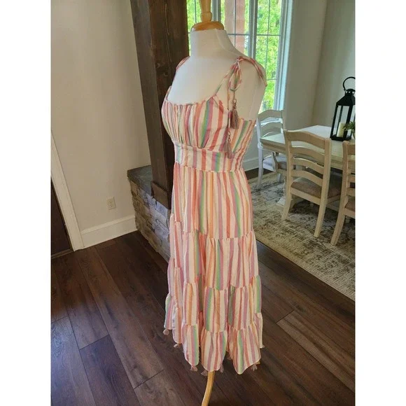 ChicWish Rainbow Pastel Striped Multicolor Maxi with Tassels Dress Boho Size M - Picture 2 of 10